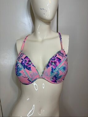 Shade & Shore Pink Floral Underwire Bikini Top Sz 34DD
